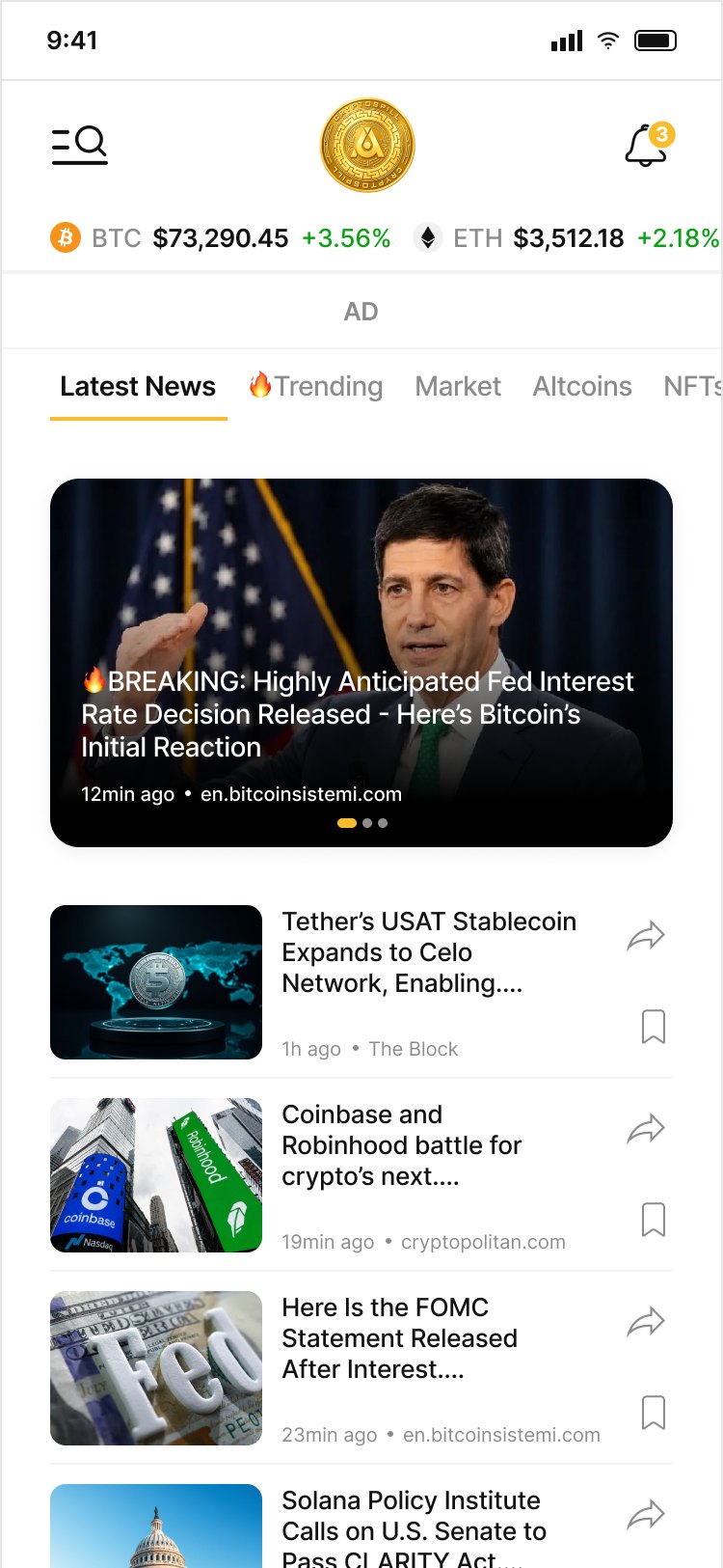 CryptoSpill news home screen
