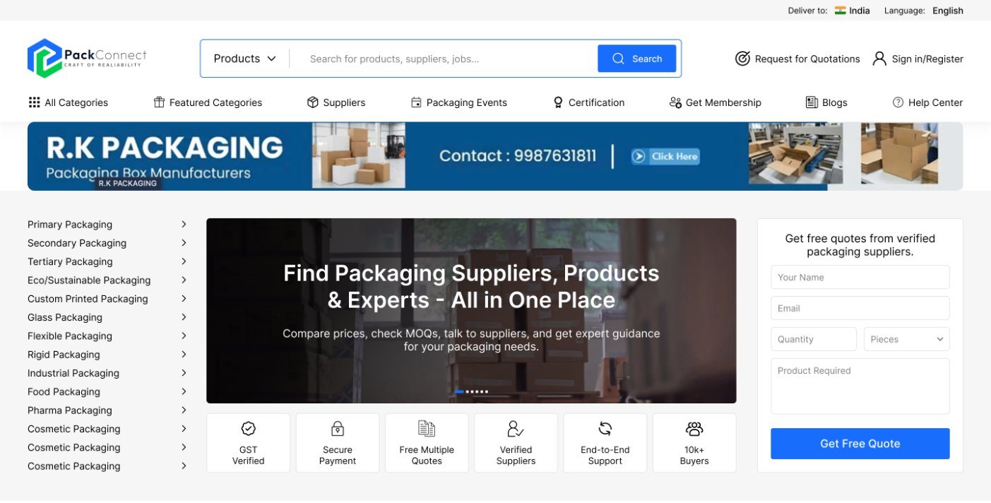 PackConnects homepage hero with quote form