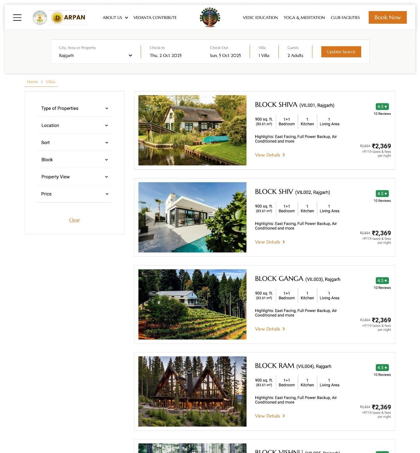 Vedanta villa listing page